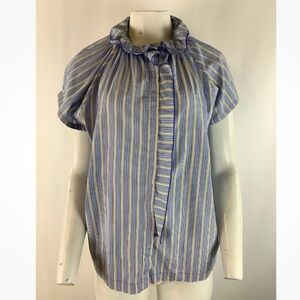A Shirt Thing Sz M/L Hidden Button Striped Short Sleeve Blouse Blue Yellow